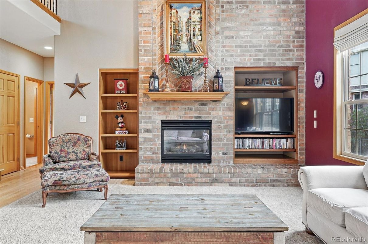 Fireplace, Interior, Recessed Lighting, Stone Walls, Wood Texture Flooring