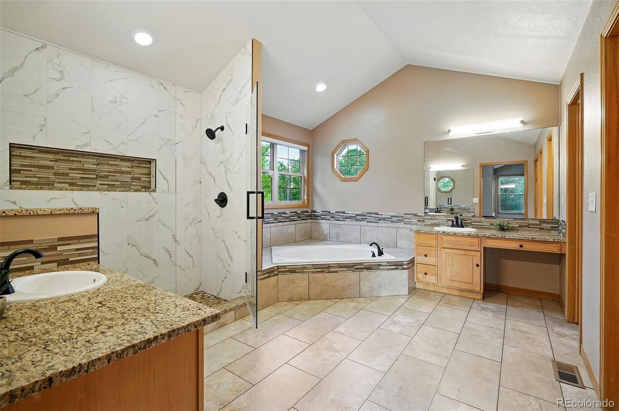 Bathroom, Dual Sink Vanities, Interior, Marble Walls, Recessed Lighting
