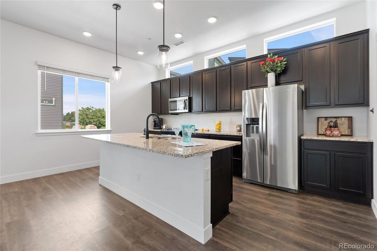 Interior, Kitchen, Pendant Lights, Recessed Lighting, Stainless Steel Appliances, Wood Texture Flooring