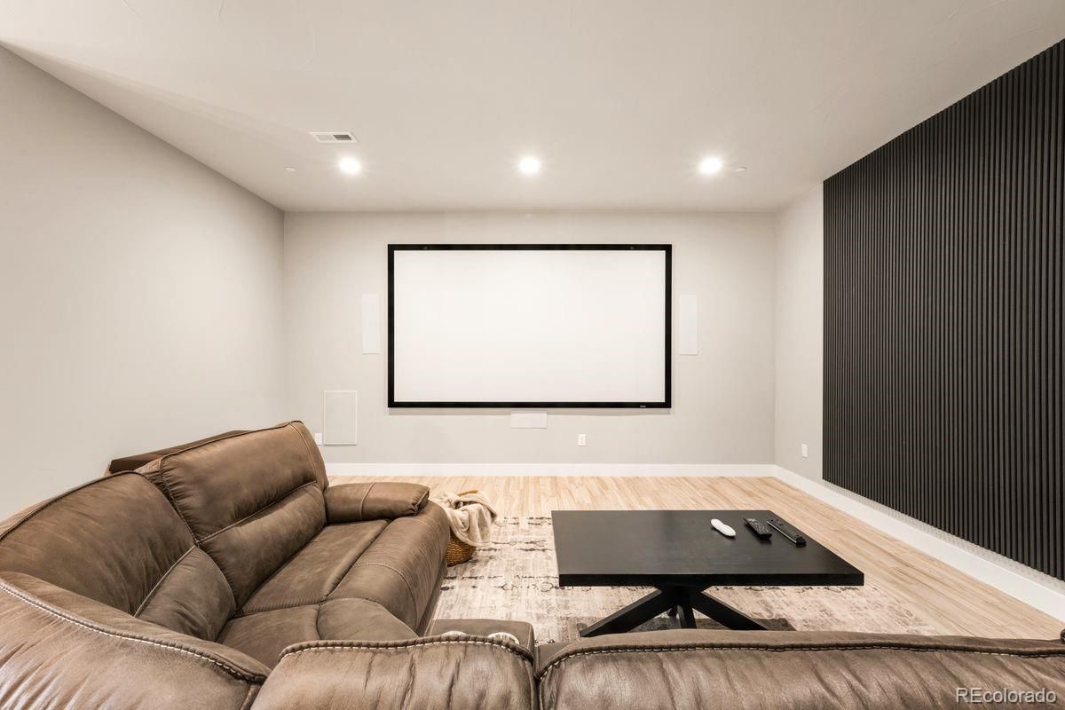 Interior, Projection Screen, Recessed Lighting, Wood Texture Flooring