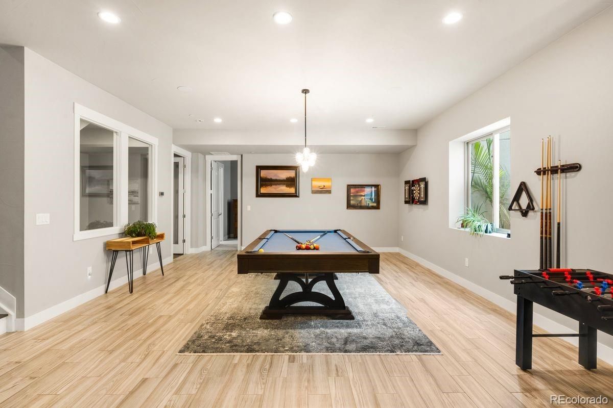 Billiard Table, Game Room, Interior, Pendant Lights, Recessed Lighting, Wood Texture Flooring