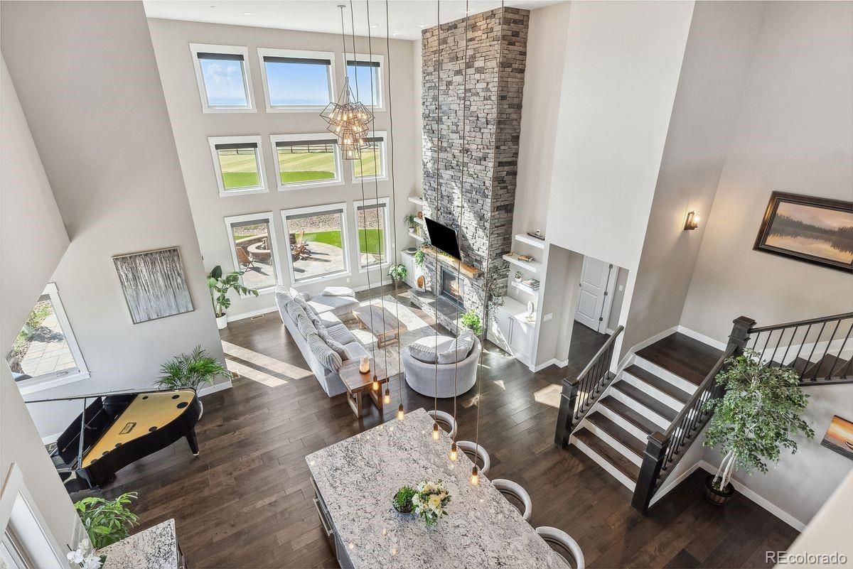 Chandelier, Dining room, Fireplace, Interior, Pendant Lights, Wood Texture Flooring
