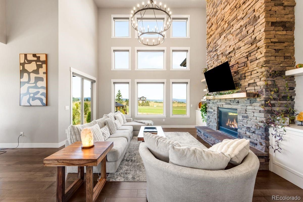 Fireplace, Interior, Living room, Pendant Lights, Stone Walls, Wood Texture Flooring