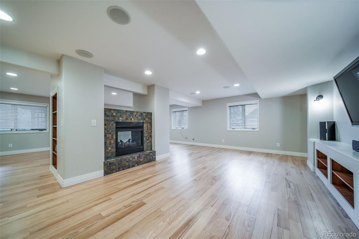 Empty room, Fireplace, Interior, Recessed Lighting, Wood Texture Flooring