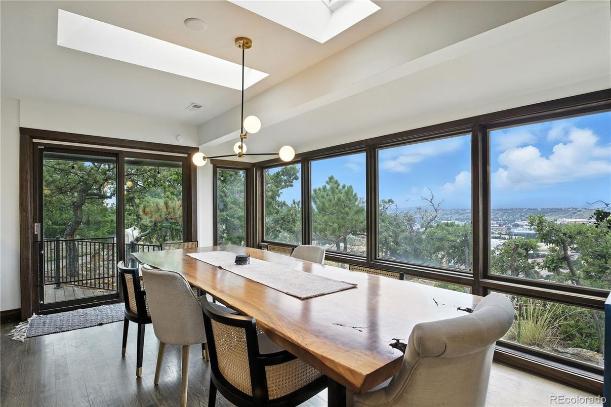 Dining room, Interior, Pendant Lights, Wood Texture Flooring
