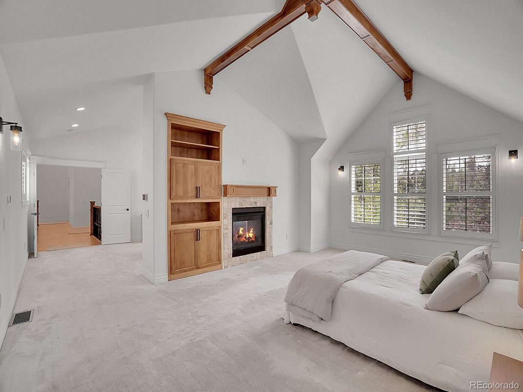 Bedroom, Fireplace, Interior, Recessed Lighting, Wooden Beams