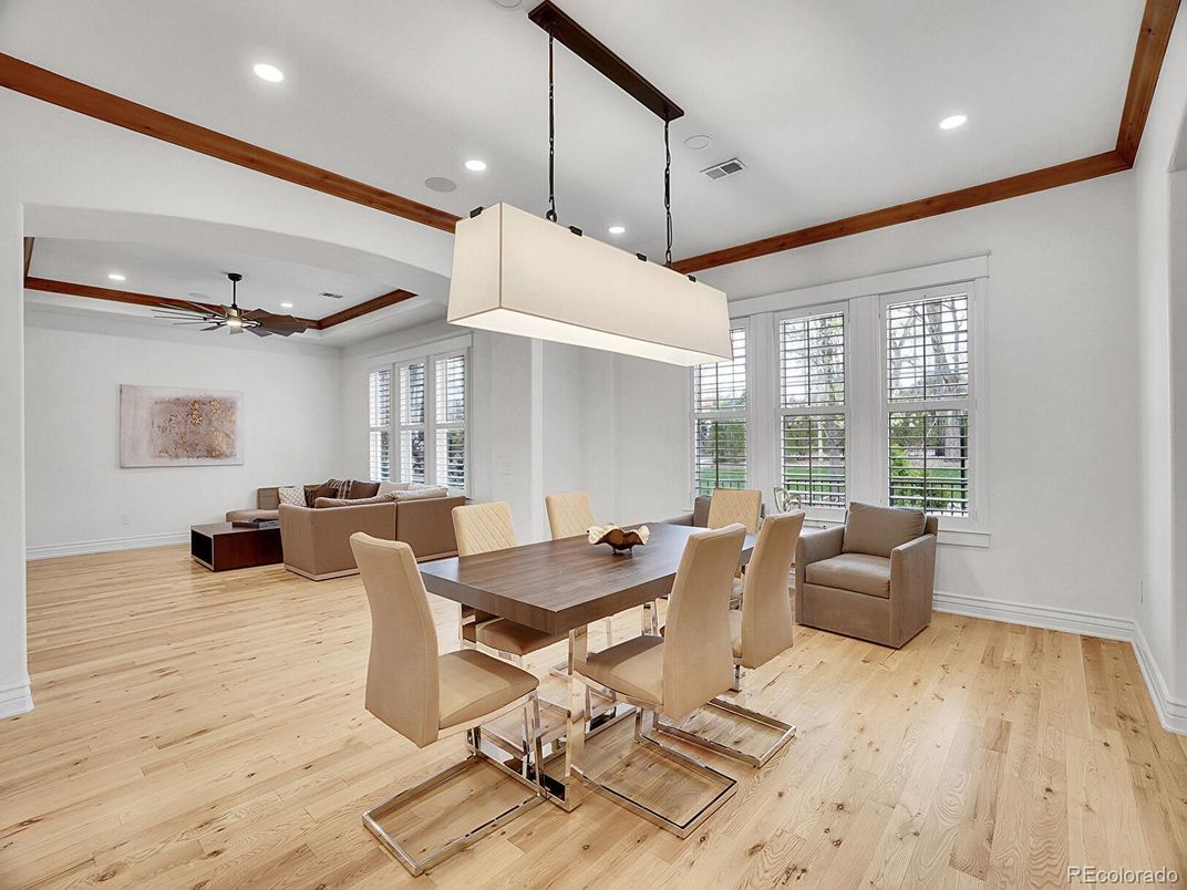Dining room, Interior, Living room, Pendant Lights, Recessed Lighting, Wood Texture Flooring