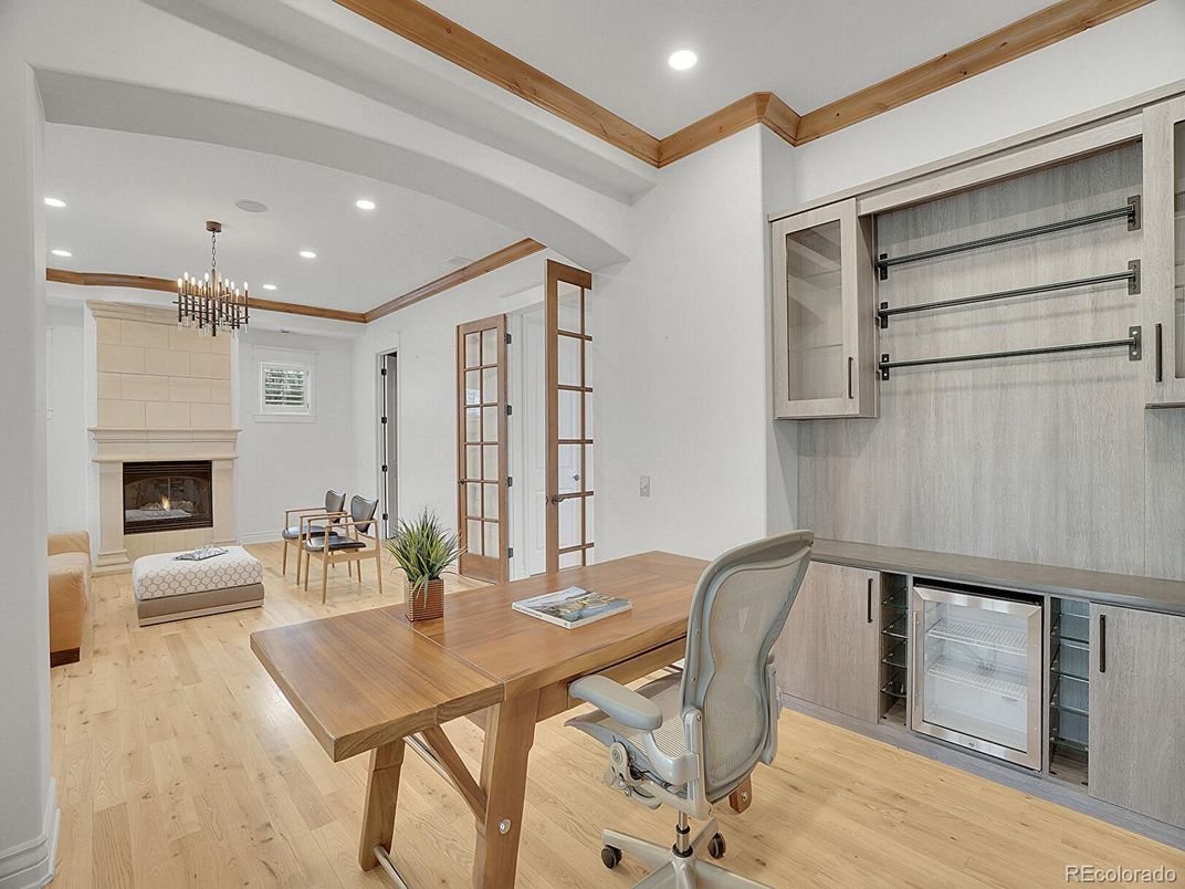 Chandelier, Fireplace, Home Office, Interior, Recessed Lighting, Wood Texture Flooring