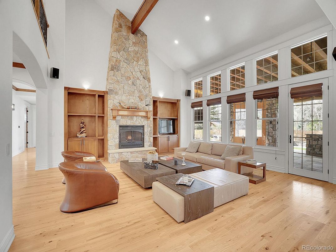 Fireplace, Interior, Living room, Recessed Lighting, Stone Walls, Wooden Beams, Wood Texture Flooring