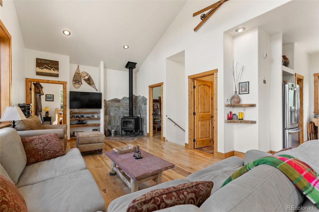 Fireplace, Interior, Living room, Recessed Lighting, Wood Texture Flooring