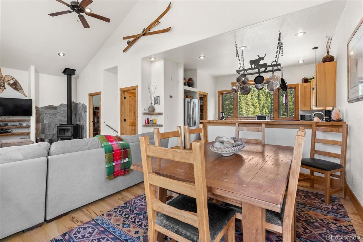 Dining room, Fireplace, Interior, Kitchen, Living room, Recessed Lighting, Wood Texture Flooring