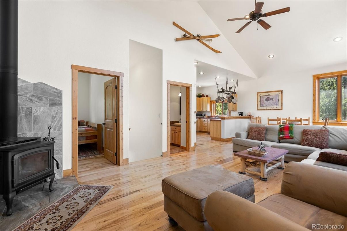 Fireplace, Interior, Kitchen, Living room, Pendant Lights, Recessed Lighting, Wood Texture Flooring