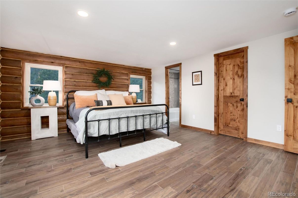 Bedroom, Interior, Recessed Lighting, Wood Texture Flooring, Wooden Walls