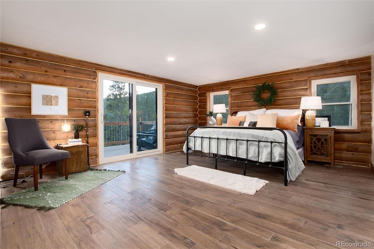 Bedroom, Interior, Recessed Lighting, Wood Texture Flooring, Wooden Walls