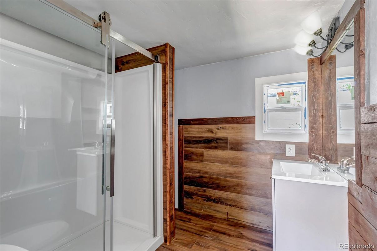 Bathroom, Glass Shower, Interior, Wood Texture Flooring, Wooden Walls