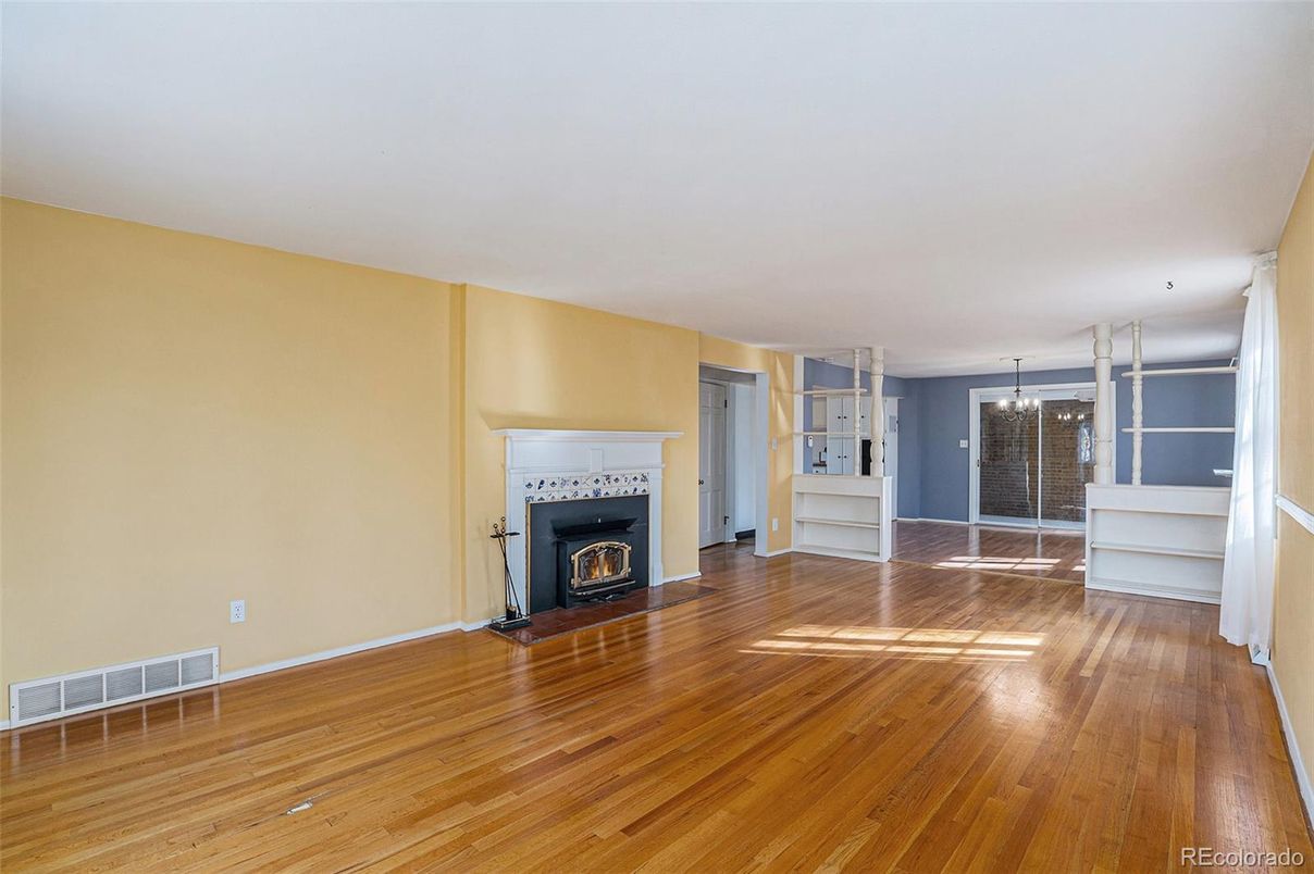 Chandelier, Empty room, Fireplace, Interior, Wood Texture Flooring