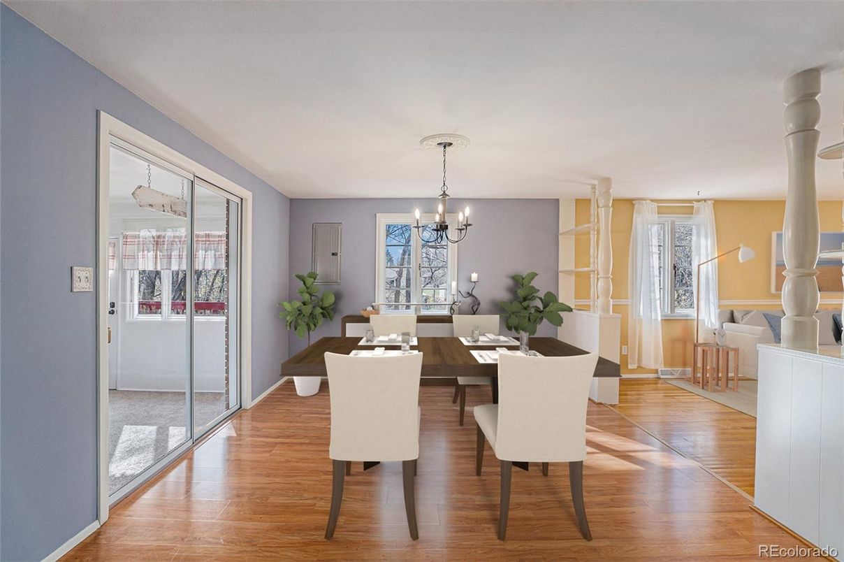 Chandelier, Dining room, Interior, Wood Texture Flooring