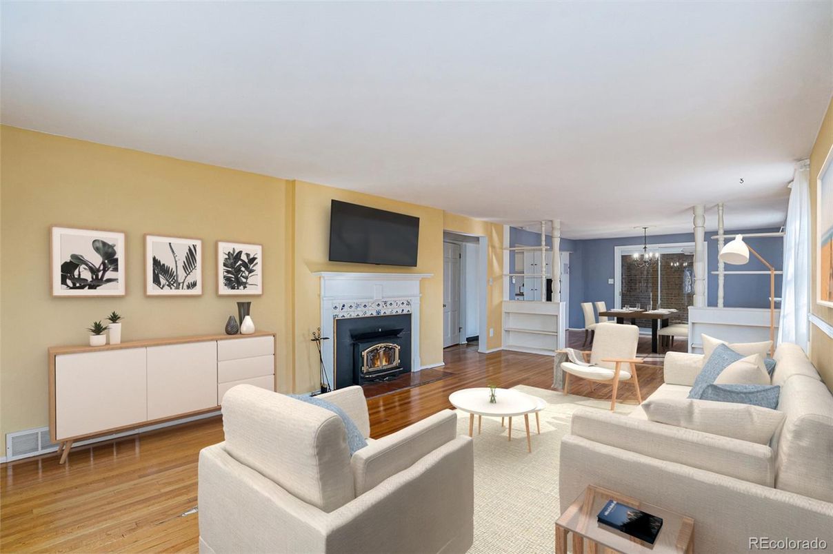 Dining room, Fireplace, Interior, Living room, Pendant Lights, Wood Texture Flooring