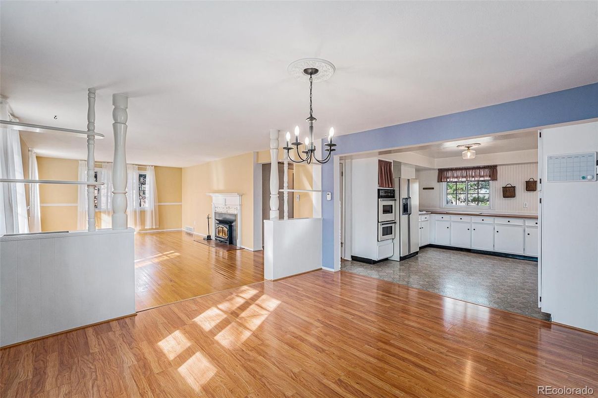 Chandelier, Empty room, Fireplace, Interior, Kitchen, Wood Texture Flooring
