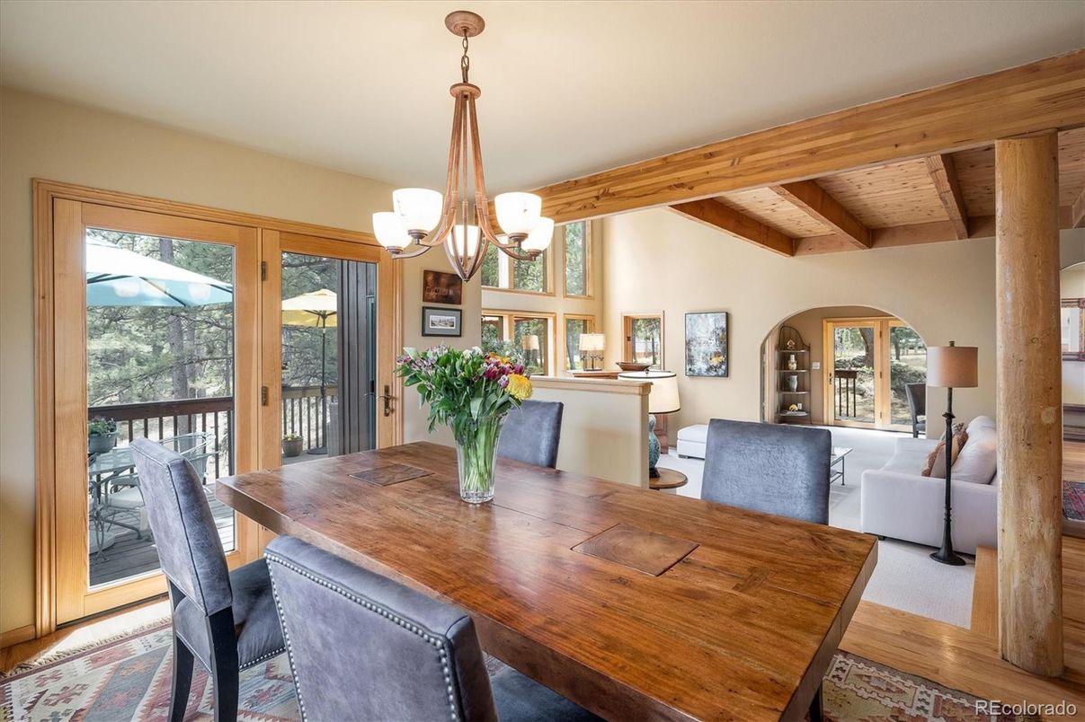 Chandelier, Dining room, Interior, Living room, Wooden Beams, Wooden Ceilings, Wood Texture Flooring