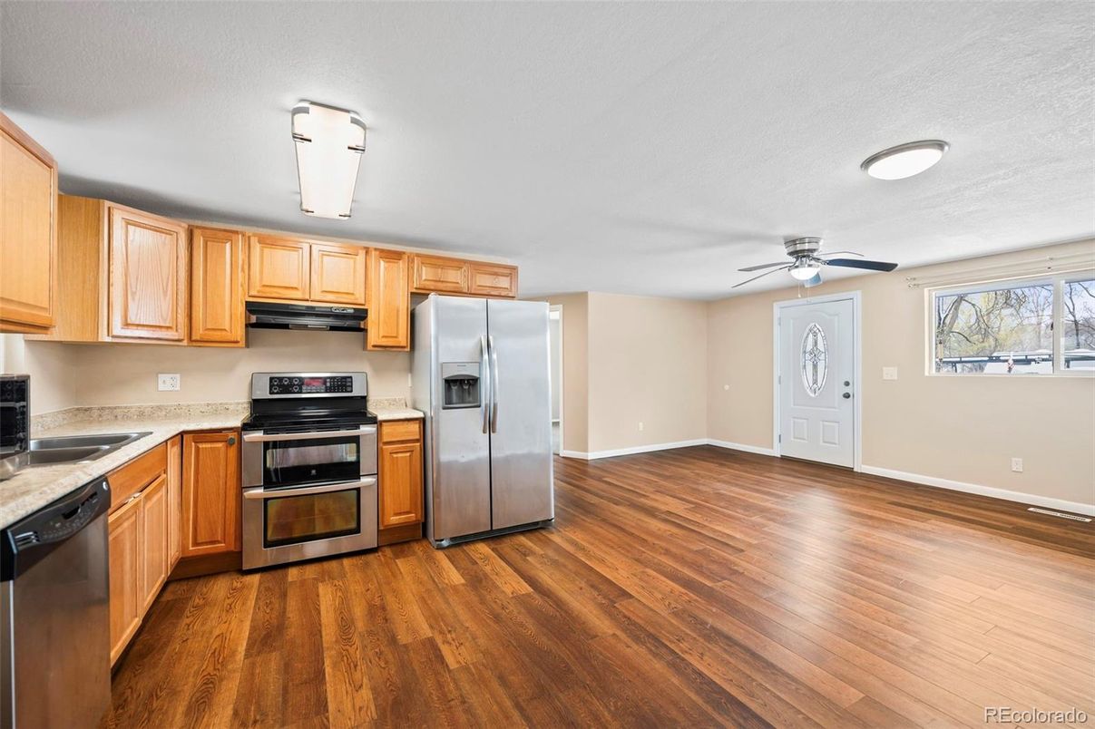 Interior, Kitchen, Stainless Steel Appliances, Wood Texture Flooring