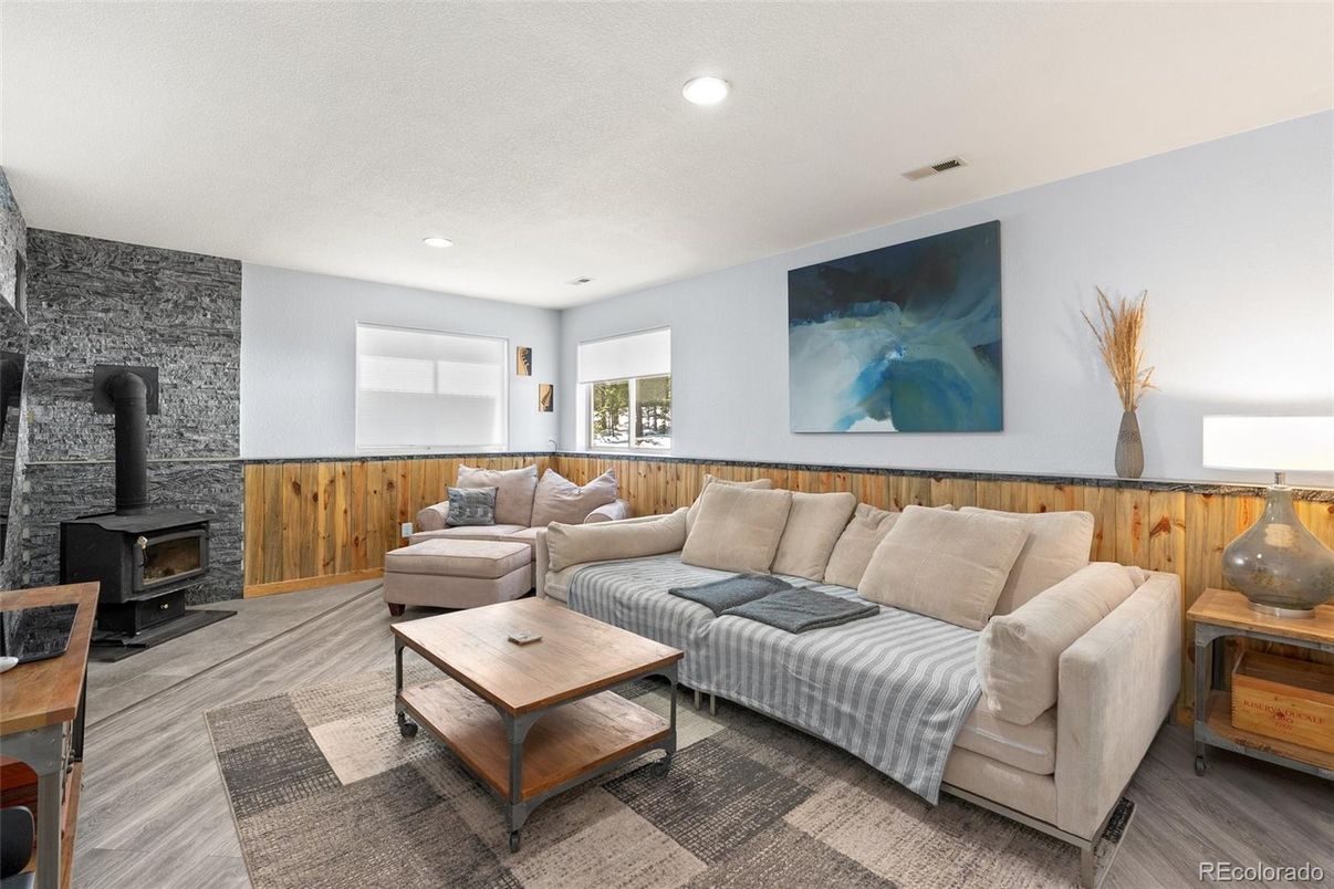 Fireplace, Interior, Living room, Recessed Lighting, Wood Texture Flooring