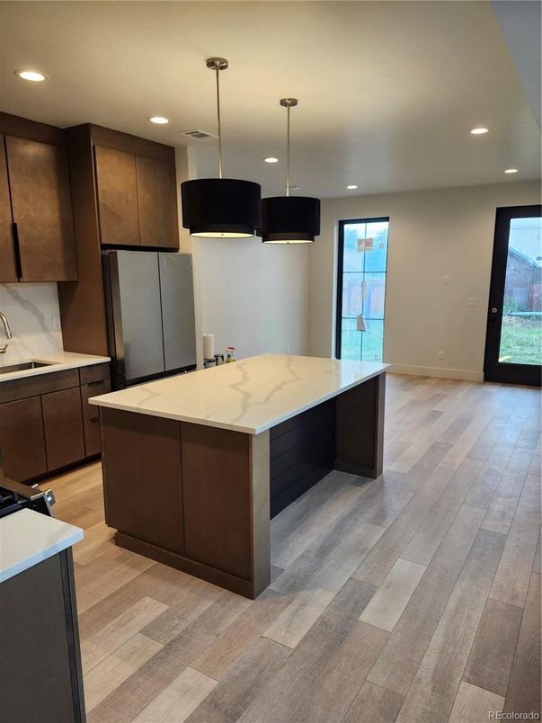 Interior, Kitchen, Pendant Lights, Recessed Lighting, Wood Texture Flooring