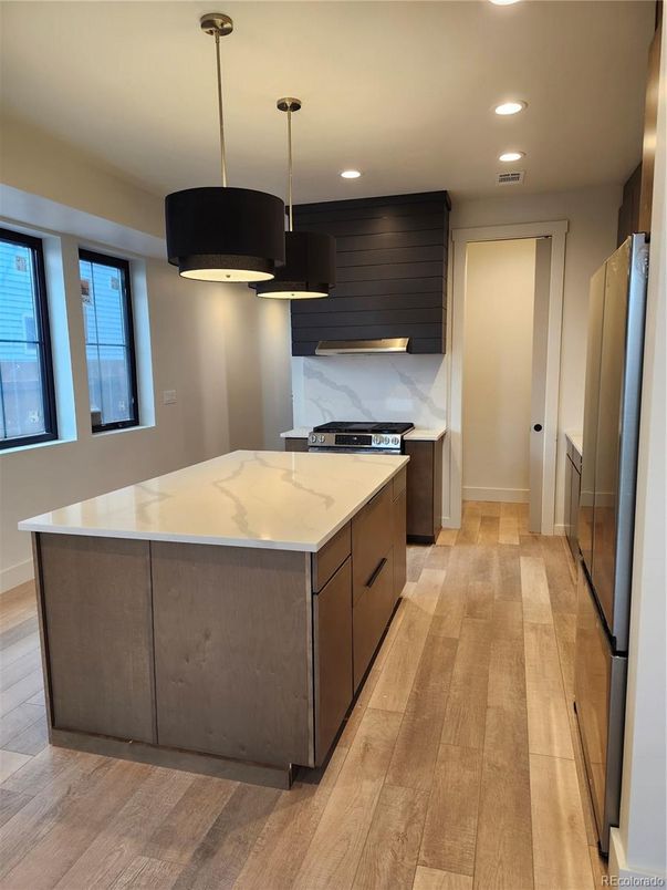 Interior, Kitchen, Pendant Lights, Recessed Lighting, Wood Texture Flooring