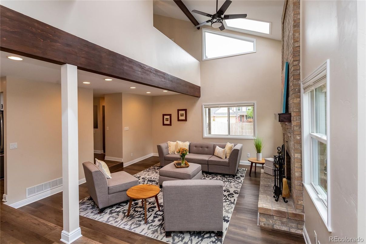 Fireplace, Interior, Living room, Recessed Lighting, Wooden Beams, Wood Texture Flooring