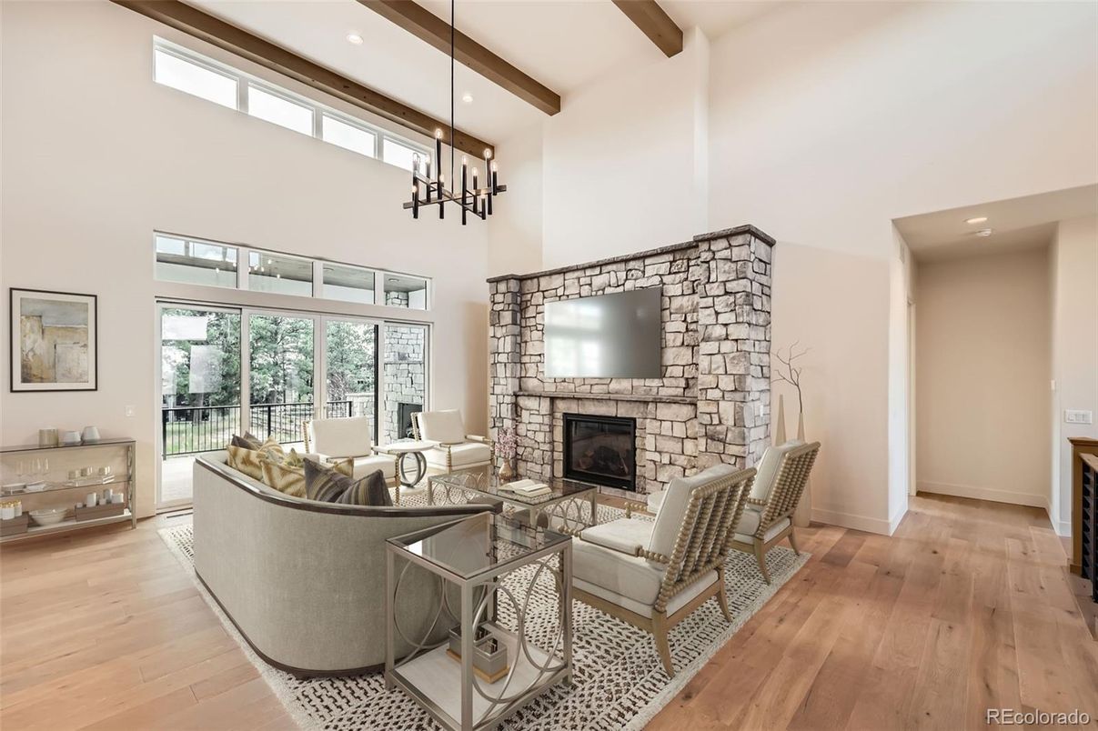 Fireplace, Interior, Living room, Pendant Lights, Recessed Lighting, Wooden Beams, Wood Texture Flooring