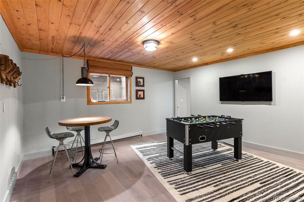 Game Room, Interior, Pendant Lights, Recessed Lighting, Wooden Ceilings, Wood Texture Flooring