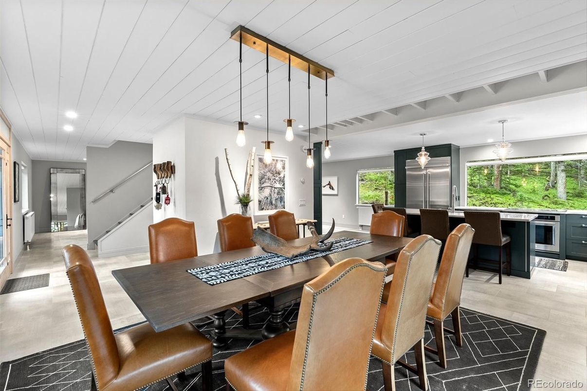Dining room, Interior, Kitchen, Pendant Lights, Recessed Lighting, Wood Texture Flooring