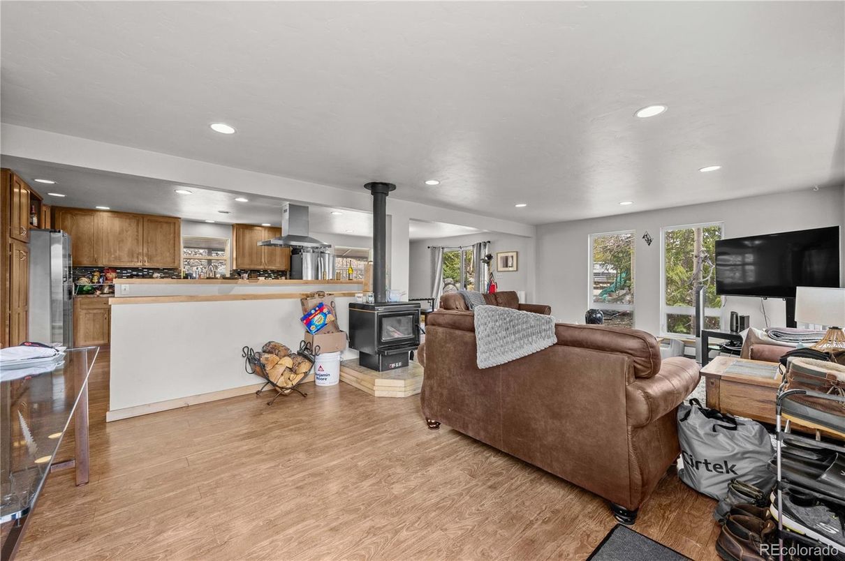 Interior, Kitchen, Living room, Recessed Lighting, Stainless Steel Appliances, Wood Texture Flooring