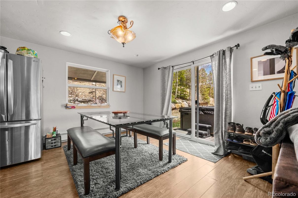 Dining room, Interior, Recessed Lighting, Wood Texture Flooring