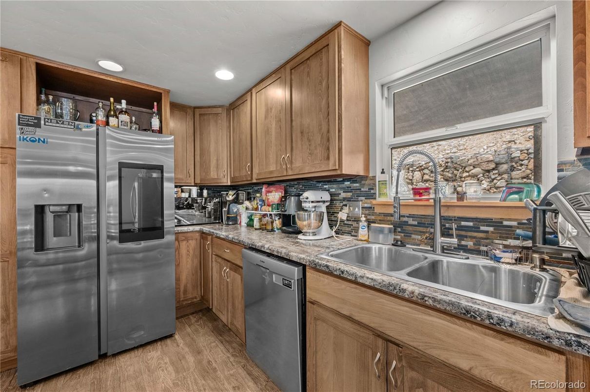 Interior, Kitchen, Recessed Lighting, Stone Walls, Wood Texture Flooring