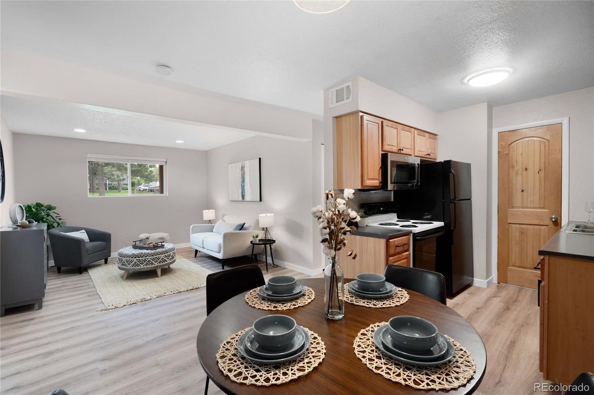 Dining room, Interior, Kitchen, Living room, Recessed Lighting, Wood Texture Flooring
