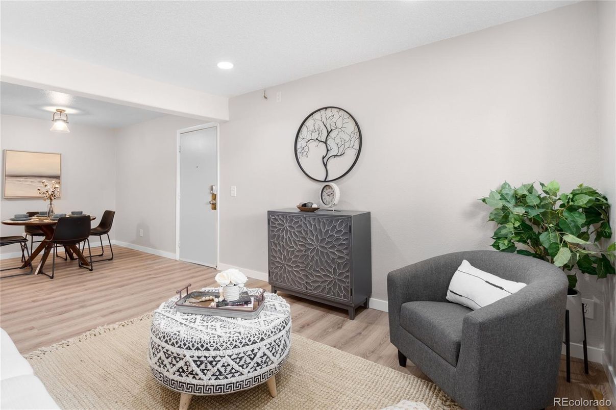 Dining room, Interior, Recessed Lighting, Wood Texture Flooring
