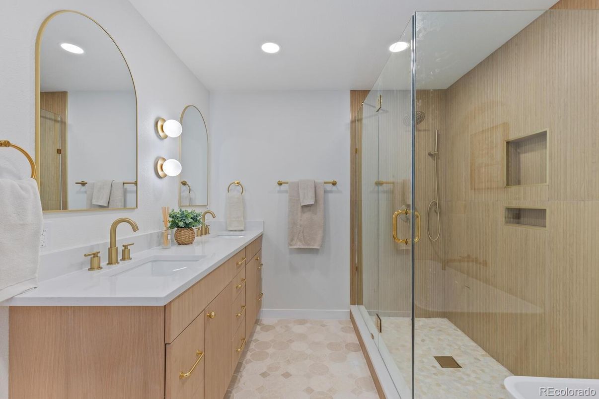 Bathroom, Dual Sink Vanities, Glass Shower, Interior, Recessed Lighting