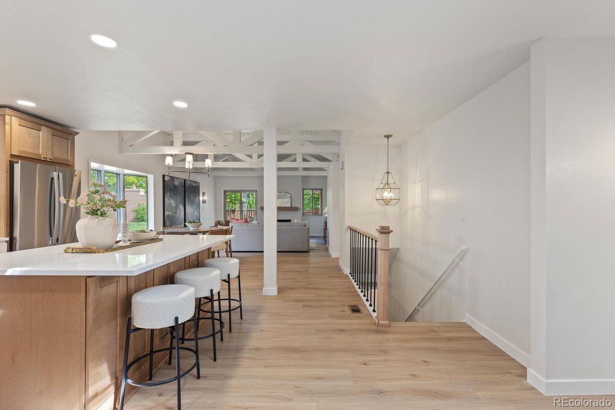Interior, Kitchen, Pendant Lights, Recessed Lighting, Wood Texture Flooring
