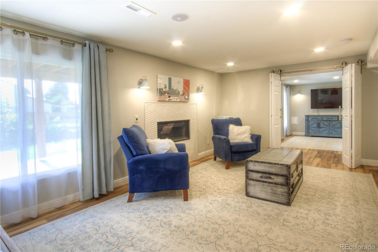 Fireplace, Interior, Recessed Lighting, Wood Texture Flooring