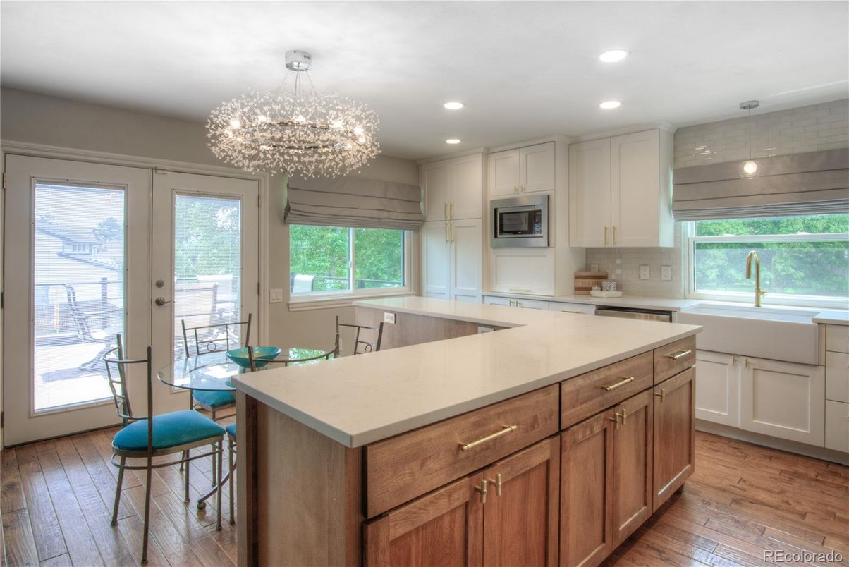 Chandelier, Interior, Kitchen, Recessed Lighting, Wood Texture Flooring