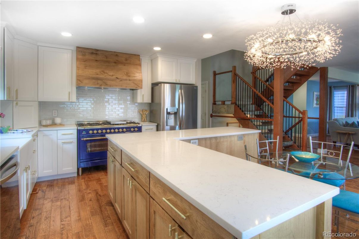 Chandelier, Interior, Kitchen, Recessed Lighting, Stainless Steel Appliances, Wood Texture Flooring