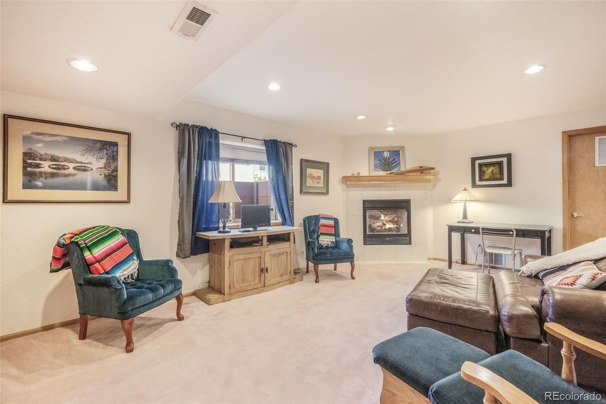Fireplace, Home Office, Interior, Living room, Recessed Lighting