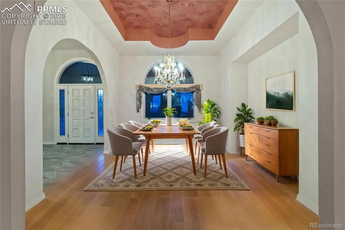 Chandelier, Dining room, Interior, Wood Texture Flooring