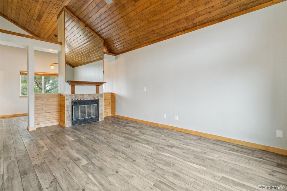 Empty room, Fireplace, Interior, Wooden Ceilings, Wood Texture Flooring