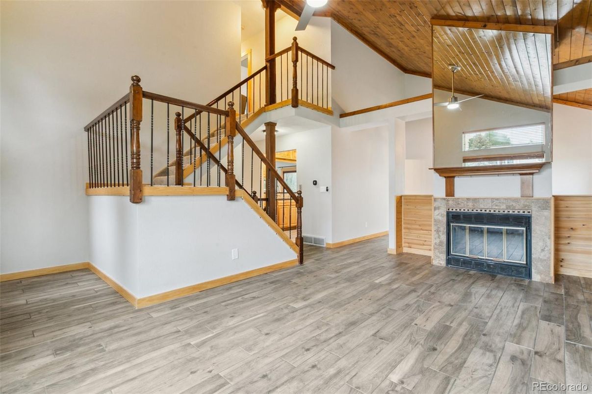 Fireplace, Interior, Pendant Lights, Wooden Beams, Wooden Ceilings, Wood Texture Flooring