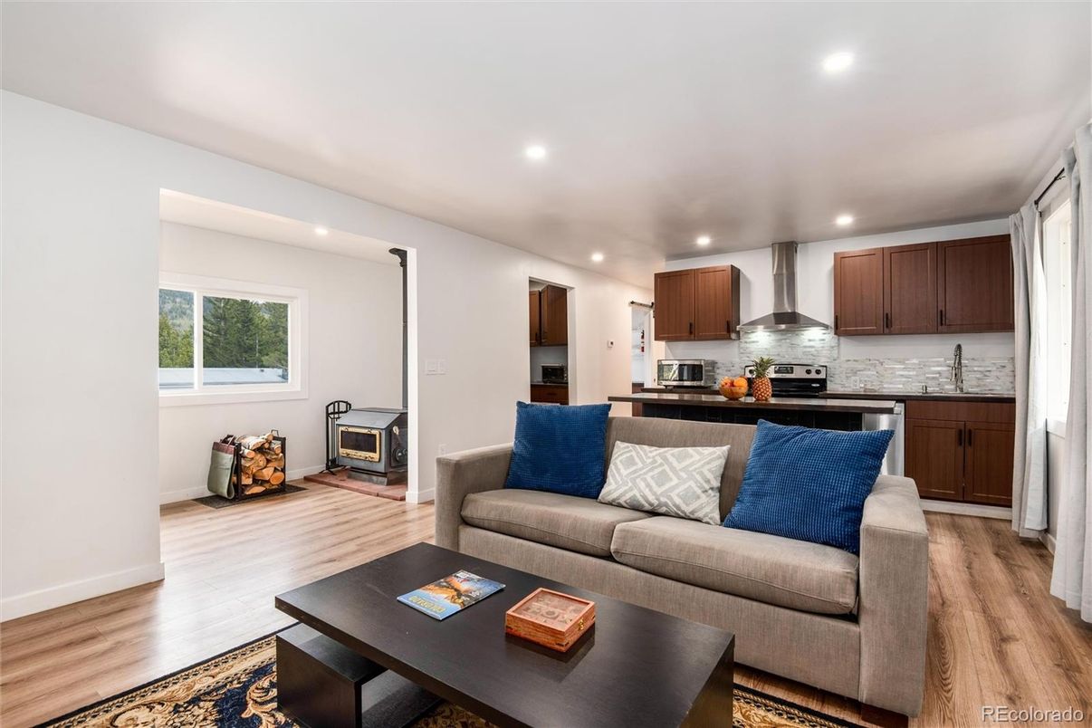 Interior, Kitchen, Living room, Recessed Lighting, Stainless Steel Appliances, Wood Texture Flooring