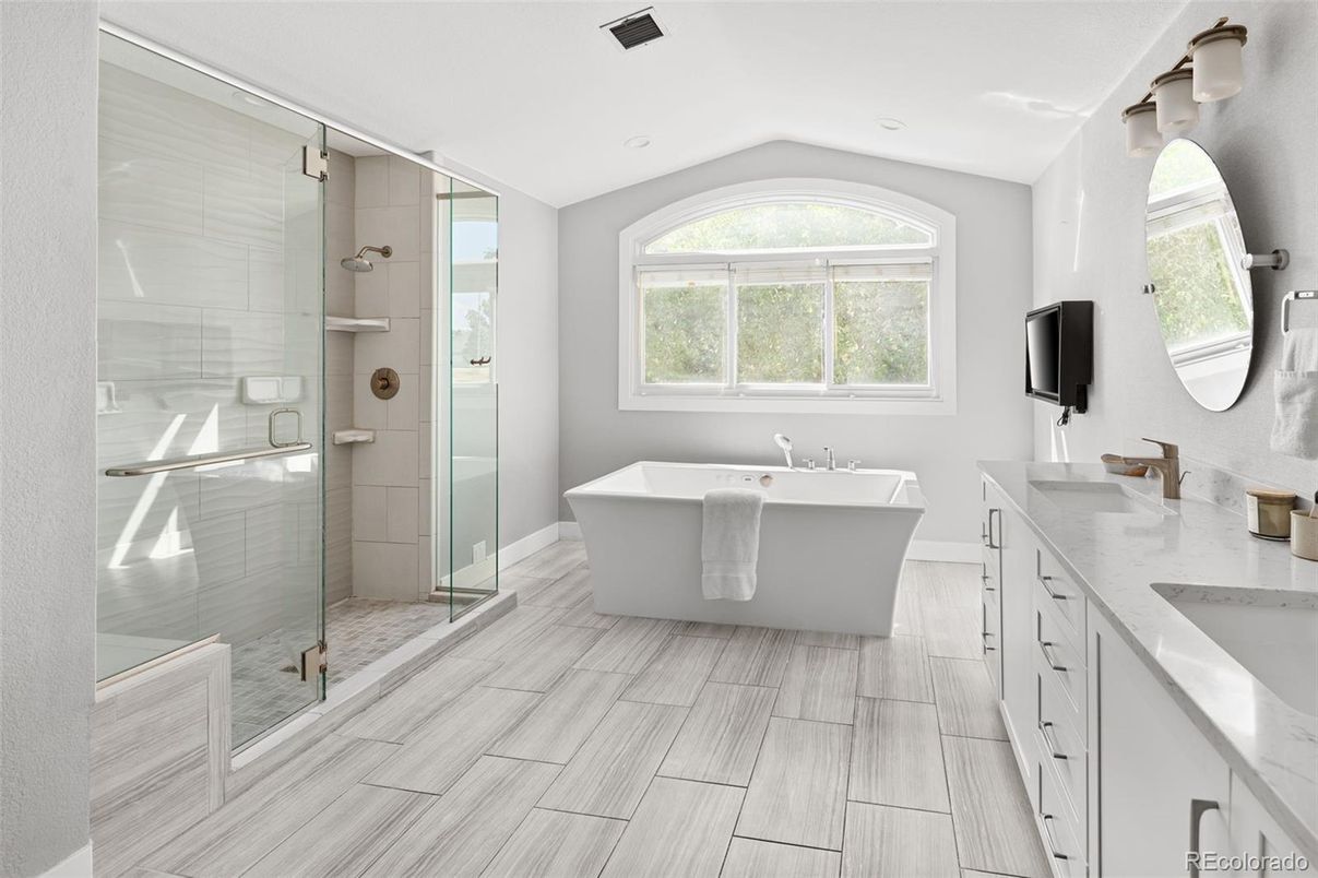 Bathroom, Dual Sink Vanities, Free Standing Baths, Glass Shower, Interior, Recessed Lighting