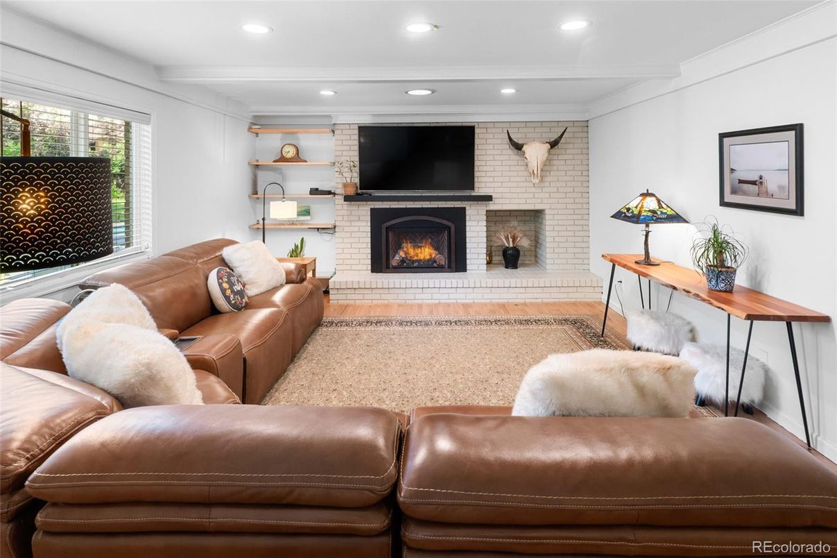 Fireplace, Interior, Living room, Recessed Lighting, Stone Walls