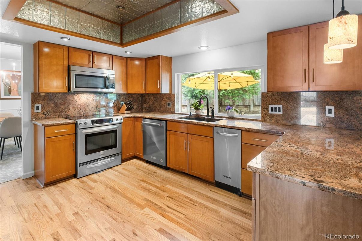 Interior, Kitchen, Recessed Lighting, Stainless Steel Appliances, Wood Texture Flooring